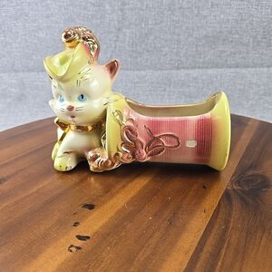 Vintage Hull USA Pottery 89‎ Kitty Cat Planter Gold Trim Yellow Pink Chartreuse